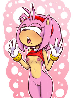 areola blush bonnet bottomless breasts clothed clothing clothing_lift dress dress_lift eyelashes female genitals gesture hair hand_gesture headgear headwear long_eyelashes nipples nude open_mouth orgasm_face pink_body short_hair small_breasts solo tail v_sign vulva draws-oh-yeah sega sonic_the_hedgehog_(series) amy_rose eulipotyphlan hedgehog mammal