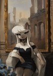 anthro armchair breasts chair cleavage clothed clothing dress ear_piercing female flower furniture gem hair inside jewelry looking_at_viewer necklace painting_(object) piercing plant point_coloration sitting solo white_body white_hair waspsalad pearl_(waspsalad) domestic_cat felid feline felis mammal siamese 2025 hi_res