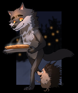 anthro blurred_background brown_body brown_fur casual_nudity claws duo eyebrows food fur fuzzy grey_body grey_fur holding_food holding_object larger_anthro larger_male looking_at_another male multicolored_body multicolored_fur naturally_censored night open_mouth open_smile quiche quills_(anatomy) size_difference smaller_anthro smaller_male smile standing steam tail underbelly walking yellow_eyes howdypeepos intermarche_unloved albert_(intermache_unloved) canid canine canis eulipotyphlan hedgehog mammal wolf 2025 hi_res
