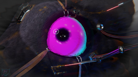 ambiguous_anthro ambiguous_gender anthro black_body black_fur black_nose blood bodily_fluids body_modification cybernetic_implant cybernetics eye_focus eye_torture eyelid_pull fur glistening glistening_eyes involuntary_body_modification machine medical_procedure pain pink_sclera reflection snout solo tears text torture welling_tears wire firedorn akittu_(modeler) casualties:_unknown expie_(gunsawian) gunsawian 16:9 2026 3d_(artwork) absurd_res digital_media_(artwork) english_description english_text hi_res smaller_version_at_source widescreen