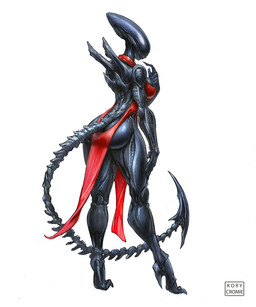 5_fingers biped black_body breasts butt clothed clothing dress female fingers lips looking_back mouth_closed rear_view red_clothing red_dress simple_background skimpy solo standing tail text white_background kory_cromie alien_(franchise) alien xenomorph 2025 5:6 artist_name english_text hi_res