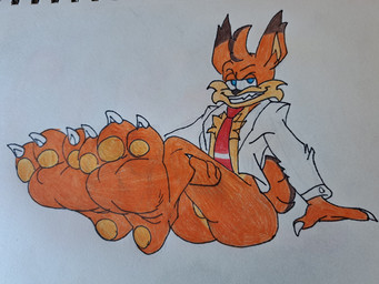 3_toes anthro big_ears butt chest_tuft claws clothing featureless_crotch feet foot_fetish foot_focus fur half_naked holding_both_legs holding_own_legs_up looking_at_viewer male necktie orange_body orange_fur pawpads paws perineum scut_tail sharp_teeth shirt short_tail smile smirk smug solo tail teeth toe_claws toes topwear tuft white_clothing white_shirt white_topwear barazany420 bubsy_(series) bubsy_4d bubsy_bobcat bobcat felid feline lynx mammal 4:3 hi_res traditional_media_(artwork)