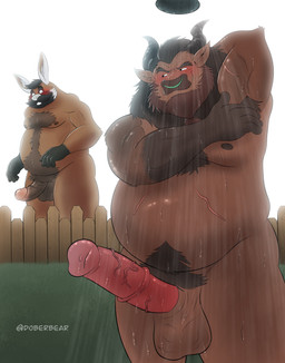 anthro balls bathing beard belly big_belly brown_body duo erection facial_hair facial_piercing genitals male male/male mature_male moobs mustache nipples nose_piercing nose_ring nude overweight overweight_male penis piercing pubes ring_piercing scar showering dober bovid bovine cattle lagomorph leporid mammal rabbit 2024 absurd_res hi_res