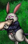 absurd_res anthro big_penis bottomless bottomless_male clothed clothing demoniccat1 dungeon_reset duo erection fellatio genitals heart_eyes heart_symbol hi_res huge_penis humanoid_genitalia humanoid_penis lagomorph leporid male male/male mammal oral penile penis rabbit rabbit_(dungeon_reset) sex suit