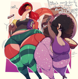 absolute_territory afro anthro big_breasts big_butt bottom_heavy bottomwear bowl breasts butt clothed clothed_anthro clothed_female clothing container controller dialogue duo eyewear fangs female female/female female_anthro fluffy fluffy_hair food glasses hair hip_to_hip holding_bowl holding_container holding_controller holding_object holding_remote_control hotpants huge_breasts huge_butt huge_hips huge_thighs hyper hyper_butt hyper_hips hyper_thighs long_neck long_tail motion_lines open_mouth pajama_pants pear-shaped_figure popcorn red_body red_hair red_scales remote_control round_glasses scales shorts shortstack shortstack_female simple_background slightly_chubby slightly_chubby_anthro slightly_chubby_female tail teeth text thick_tail thick_thighs wearing_glasses wide_hips trinity-fate62 beatrisse_(trinity-fate62) elyssa_(trinity-fate62) reptile scalie snake 2025 absurd_res digital_media_(artwork) english_text hi_res