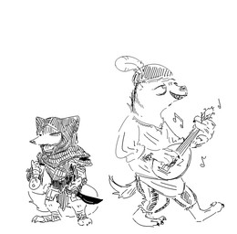anthro bard clothed clothing dagger duo eyes_closed fantasy feathers feet female foot_wraps hat headgear headwear lute male melee_weapon musical_instrument plucked_string_instrument string_instrument thief weapon wraps nobby_(artist) disney pack_street zootopia charlie_(weaver) fan_character ozzy_(weaver) canid canine corsac_fox fox hyena mammal striped_hyena true_fox monochrome