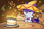 ambiguous_gender angry_eyebrows anthro birthday birthday_cake birthday_candle blue_eyes blue_tail_tip bodily_fluids cake candle chair clothing confetti crossed_arms dessert dipstick_tail ears_through_headwear eye_bags food frown fur furniture grumpy hat headgear headwear lit_candle markings neck_tuft plate purple_body purple_fur simple_background sitting_at_table solo sombrero streamers sweat sweatdrop table tail tail_markings tuft white_body white_fur wood wood_chair wood_furniture wood_table kaylemeart nintendo pokemon nino_(nin10dope) braixen canid canine fennec_fox fox generation_6_pokemon mammal pokemon_(species) shiny_pokemon true_fox 3:2 detailed shaded shaded_line_art