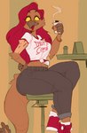 anthro beverage bottomwear clothing coffee denim denim_bottomwear denim_clothing female footwear hair hand_on_hip jeans looking_at_viewer midriff nipples pants red_eyes red_hair shirt shoes sitting smile sneakers solo thick_thighs tied_shirt topwear yellow_sclera velvetomo avian bird dinosaur hybrid prehistoric_species reptile scalie hi_res