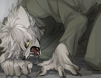 all_fours angry anthro bared_teeth bodily_fluids claws clothing drooling ears_back finger_claws frown fur glowing glowing_eyes grey_background hair male open_mouth pivoted_ears saliva saliva_string scowl simple_background solo teeth tongue tracksuit white_body white_fur white_hair yellow_eyes submori_521 cren canid canine canis mammal wolf