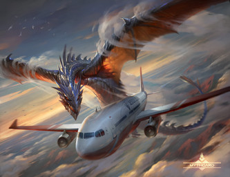 aircraft airplane ambiguous_gender cloud day dutch_angle feral flying membrane_(anatomy) membranous_wings metallic_body outside solo tail vehicle wings fajareka_setiawan mythgard mythology ambient_bird dragon mythological_creature mythological_scalie scalie absurd_res hi_res official_art