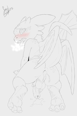 3_toes aged_down anthro anus balls blush blush_lines bodily_fluids butt claws crouching cum cum_in_ass cum_inside cumshot ejaculation erection fangs feet foreskin genital_fluids genitals looking_at_viewer looking_back looking_pleasured male masturbating_while_penetrated masturbation membrane_(anatomy) membranous_wings nude open_mouth orgasm orgasm_face penetration penis penis_backwards presenting presenting_anus presenting_balls presenting_hindquarters prone_masturbation rear_view shota soles solo spread_legs spreading tail talons teeth toe_claws toes tongue tongue_out vein veiny_penis wings wrinkled_feet wrinkles young young_anthro young_male smol_boye dreamworks european_mythology how_to_train_your_dragon mythology toothless dragon fury_(httyd) mythological_creature mythological_scalie night_fury scalie western_dragon 2:3 absurd_res hi_res