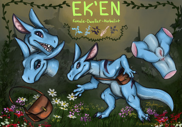 anus claws female finger_claws forest forest_background genitals herbalism herbs leather_bag looking_at_viewer lore markings nature nature_background plant purple_markings solo spread_legs spreading teal_body toe_claws tree zephyrus139 ek'en dweller_(sayeth) headshot_portrait hi_res portrait