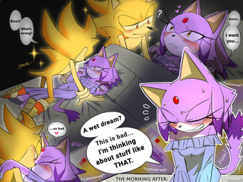after_transformation anthro bed blush bodily_fluids clothing dream duo eye_contact feet female furniture hair_down heart_symbol hero kissing looking_at_another lying male male/female nightgown nightwear on_back pillow princess royalty simple_background sleepwear smile speech_bubble super_transformation sweat text toes wet_dream yeoon sega sonic_the_hedgehog_(series) blaze_the_cat sonic_the_hedgehog super_sonic domestic_cat eulipotyphlan felid feline felis hedgehog mammal 4:3 censored english_text hi_res