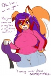 anthro big_breasts black_nose bra breasts clothed clothing female fur hair huge_breasts long_hair multicolored_body multicolored_fur multicolored_hair open_mouth orange_body orange_fur purple_eyes purple_hair red_hair solo sweater text thick_thighs topwear two_tone_body two_tone_fur two_tone_hair underwear white_body white_fur wide_hips fyxe_(artist) fyxe canid canine fox mammal english_text