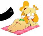 2017 accessory animal_crossing anthro beady_eyes big_butt bikini blonde_hair blush blush_stickers bodily_fluids butt canid canine canis censor_bar censored clothing digital_media_(artwork) dipstick_tail domestic_dog duo emanata eyelashes female fur hair hair_accessory hair_tie hi_res isabelle_(animal_crossing) lying mammal markings multicolored_tail nintendo on_front open_mouth pawpads paws shih_tzu short_stack simple_background slightly_chubby solo_focus sssonic2 surprise sweat sweatdrop swimwear tail tail_markings thick_thighs toy_dog two-piece_swimsuit white_background white_body white_fur wide_eyed wide_hipped_anthro wide_hipped_female wide_hips yellow_body yellow_fur