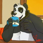 anthro beard beverage brown_body brown_fur caffeine coffee coffee_cup coffee_mug container cup drinking drinking_glass facial_hair fur glass glass_container glass_cup male morning relaxing sitting solo yetsu yetsupanda bear giant_panda mammal 1:1 2024 digital_media_(artwork) hi_res