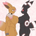 anthro athletic athletic_female big_breasts breast_squish breasts breasts_frottage duo featureless_breasts female female/female genitals glowing glowing_markings looking_at_another looking_at_partner markings muscular muscular_anthro muscular_female nude pussy squish tail impious nintendo pokemon eevee eeveelution generation_1_pokemon generation_2_pokemon pokemon_(species) umbreon hi_res