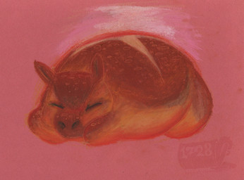 ambiguous_gender bread brown_body eyes_closed feral food lying on_front pink_background quadruped simple_background sleeping solo sourdough_bread steam ed_mortis fluffy_pony breadfluff fluffy_pony_(species) food_creature mammal 2023 full-length_portrait portrait traditional_media_(artwork) watermark