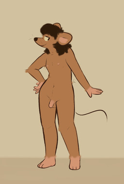 ambiguous_gender anthro genitals hand_on_hip looking_at_viewer male mullet nipples nude penis simple_background smug_face solo standing goopystem_(artist) olive_(goopystem) mammal murid murine rat rodent hi_res