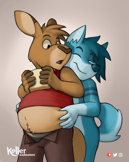 anthro belly_grab bottomwear bread clothed clothing duo eyes_closed food looking_at_another male mouth_closed open_bottomwear open_clothing open_pants overweight overweight_anthro overweight_male pants partially_covered partially_covered_belly sandwich_(food) smile unbuttoned underwear kellerkangaroo keller_kangaroo kangaroo macropod mammal marsupial 4:5