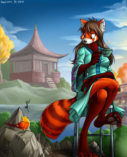 ambiguous_gender anthro asian_clothing bridge chair clothing cloud container cup duo east_asian_clothing female furniture japanese_clothing kimono musical_note musical_symbol plant rock sky symbol tea_cup tree angrycontra ailurid avian bird mammal red_panda hi_res