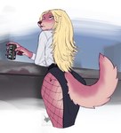 anthro blonde_hair canned_drink clothing female fishnet_clothing hair heart_symbol heart_tattoo lips markings mole_(marking) solo tail tattoo thick_bottom_lip blackvulp canid canine mammal