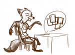 2017 anthro arms_bent bent_legs biped bluedouble brown_theme canid canine card chair cheat clothed clothing crossed_legs disney eyes_closed fox furniture leg_over_edge male mammal monochrome nick_wilde on_chair open_mouth open_smile over_edge playing_card red_fox resting_arm simple_background sitting sitting_on_chair smile snout solo table tail_over_edge true_fox white_background zootopia