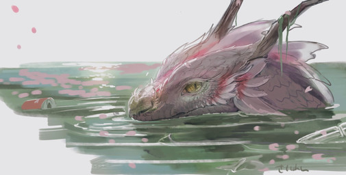 2_horns ambiguous_gender beverage_can blossoms can cherry_blossom container eyelashes flower glistening horn light looking_at_viewer partially_submerged plant prunus_(flower) reflection river scales shadow simple_background solo text water water_reflection white_background itysirn mythology dragon mythological_creature mythological_scalie scalie 2024 artist_name digital_media_(artwork) hi_res japanese_text lighting