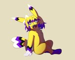 3_toes 5_fingers accessory anthro bangs black_markings black_nose blonde_hair bow_ribbon cheek_spots chest_tuft dipstick_ears dipstick_tail ear_markings eyebrow_through_hair eyebrows fangs feet female female_anthro fingers fur grey_eyes hair hair_accessory hair_bow hair_bow_only hair_ribbon light markings multicolored_body multicolored_ears multicolored_fur multicolored_hair multicolored_tail open_mouth open_smile pink_tongue purple_cheeks purple_hair purple_markings ribbons short_hair simple_background sitting small_nose smile solo tail tail_markings teeth thin_eyebrows toes tongue translucent translucent_hair tuft two_tone_hair white_bow white_ear_tips white_markings white_tail_tip yellow_background yellow_body yellow_fur yellow_tail toasterwitch nintendo pokemon rainbow-chus fan_character puck_(toasterwitch) generation_1_pokemon pikachu pokemon_(species) 2024 colored digital_drawing_(artwork) digital_media_(artwork) english_description hi_res lighting shaded