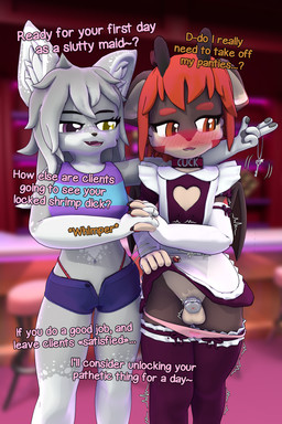 anthro balls blush blushing_profusely bottomwear chastity_cage chastity_device chastity_key claws clothed clothing clothing_lift collar cuck cuck_collar cuckold digit_ring duo embarrassed embarrassed_male female femboy feminization flat_chastity_cage fur genitals hair humiliation jewelry maid_uniform male open_mouth panties panties_down partially_clothed public public_exposure ring romantic romantic_couple shaking skirt skirt_lift smile submissive text trembling underwear underwear_down uniform wearing_chastity_cage wearing_chastity_device wedding_ring white_body white_fur nolanhaldam mythology kaya_the_vixen nolan_the_cuck canid canine canis dragon fox mammal mythological_creature mythological_scalie scalie true_fox 2:3 3d_(artwork) blender_(artwork) blender_eevee_(artwork) digital_media_(artwork) english_text hi_res