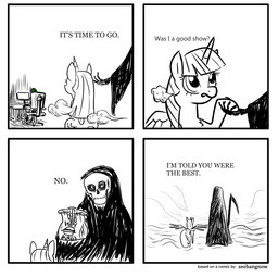4_panel_comic ambiguous_gender bag bone clothing computer dialogue electronics female feral horn it's_time_to_go melee_weapon paper_bag polearm robe scythe skeleton text weapon wings lennytribe friendship_is_magic hasbro my_little_pony mythology anon death_(personification) grim_reaper twilight_sparkle_(mlp) equid equine mammal mythological_creature mythological_equine undead winged_unicorn 1:1 2019 4koma comic digital_media_(artwork) english_text hi_res meme restricted_palette