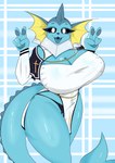 anthro big_breasts blue_body breasts clothed clothing cross female huge_breasts jewelry looking_at_viewer necklace nun_outfit open_mouth pokemorph solo thick_thighs underwear killer._ez nintendo pokemon eeveelution generation_1_pokemon pokemon_(species) vaporeon absurd_res hi_res