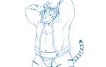 anthro asian_clothing blush clothing east_asian_clothing japanese_clothing kemono male mawashi overweight overweight_male simple_background solo white_background oogamikennta felid mammal pantherine tiger 2024 blue_and_white monochrome