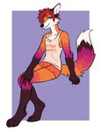 anthro bottomwear clothing dipstick_tail dolphin_shorts femboy gloves_(marking) hooters_uniform hotpants leg_markings looking_at_viewer male markings multicolored_tail shirt shorts sitting socks_(marking) solo tail tail_markings tank_top text text_on_clothing text_on_shirt text_on_tank_top text_on_topwear topwear supermint femboy_hooters hooters cassius_(foxtalic) canid canine fox mammal red_fox true_fox