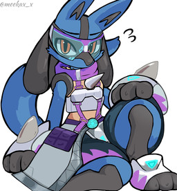 ambiguous_gender anthro black_body black_fur blue_body blue_fur bodily_fluids bottomwear cheek_tuft chest_spike clothed clothing eyewear eyewear_on_head facial_tuft feet flying_sweatdrops fur goggles goggles_on_head hand_on_leg hand_on_own_leg hand_on_own_thigh hand_on_thigh holding_leg holding_thigh looking_at_viewer neck_tuft paws pokemorph purple_clothing red_eyes simple_background sitting solo spikes spikes_(anatomy) sweat sweatdrop tail tan_body tan_fur text thick_thighs toes topwear tuft visor meekax_x nintendo pokemon canid canine generation_4_pokemon lucario mammal pokemon_(species) 2025 absurd_res artist_name digital_drawing_(artwork) digital_media_(artwork) hi_res