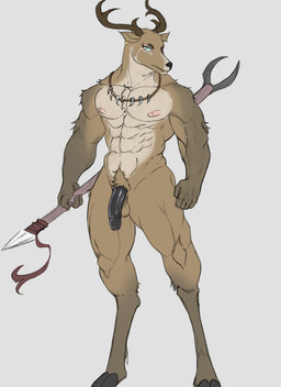 abs anthro antlers balls black_penis blue_eyes brown_body brown_fur collar ear_piercing flaccid foreskin fur genitals grey_background horn humanoid_genitalia humanoid_penis jewelry male melee_weapon muscular muscular_anthro muscular_male muscular_thighs necklace nude obliques pecs penis piercing polearm simple_background solo spear weapon keinor deer mammal hi_res