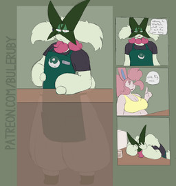 3_fingers 4_fingers answer answering anthro apron arms_bent asking asking_another black_clothing black_eyes black_shirt black_t-shirt black_topwear blue_inner_ear bottomwear breasts circle_eyebrows cleavage closed_frown clothed clothed_anthro clothed_female clothed_male clothing container crop_top cup dialogue dot_eyes duo eyebrows eyelashes featureless_hands female fingers frown fully_clothed fully_clothed_anthro fully_clothed_male fur green_apron green_background green_body green_clothing green_eyelids green_fur green_tail hair hand_on_own_belly hands_on_own_head long_ears looking_at_viewer male mouth_closed narrowed_eyes navel open_frown open_mouth open_smile pants pigtails pink_body pink_eyebrows pink_fur pink_hair pink_tongue ponytail red_body red_fur shirt simple_background simple_eyes small_nose smile speech_bubble squint standing t-shirt tail talking_to_another text tongue topwear translucent_object white_bottomwear white_clothing white_pants yellow_clothing yellow_crop_top yellow_shirt yellow_topwear buleruby nintendo pokemon starbucks sylvia_(buleruby) eeveelution generation_6_pokemon generation_9_pokemon meowscarada pokemon_(species) sylveon 2025 absurd_res comic digital_drawing_(artwork) digital_media_(artwork) english_description english_text flat_colors hi_res url