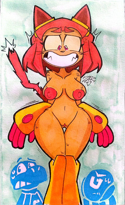 accessory ambiguous_gender anthro areola bodily_fluids breasts female genitals group machine male mostly_nude navel necktie nipples nude sweat sweatdrop tail teeth trio vulva zarnacius gameoverse glitch_productions gobbles_(gameoverse) kaboodle_(gameoverse) kit_bodega dinosaur felid feline mammal prehistoric_species reptile robot scalie hi_res