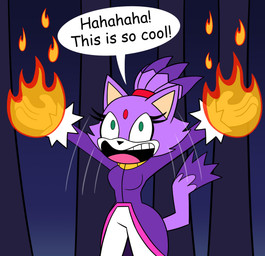 4_fingers accessory anthro cheering clothing coat dialogue elemental_manipulation excited female fingers fire fire_manipulation forehead_gem forest forest_background fur gem gloves gold_(metal) gold_jewelry gold_necklace green_eyes handwear headband jewelry laugh leggings legwear motion_lines nature nature_background necklace night open_mouth outside plant possession purple_body purple_clothing purple_coat purple_fur purple_topwear raised_arms red_headband solo speech_bubble standing text topwear tree white_clothing white_gloves white_handwear white_leggings white_legwear tabzdrawzstuff sega sonic_the_hedgehog_(series) blaze_the_cat unnamed_character domestic_cat felid feline felis mammal 2025 absurd_res colored english_text hi_res