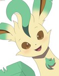 2021 absurd_res ambiguous_gender artist_name blush brown_eyes eeveelution feral generation_4_pokemon green_ears green_tuft head_tilt hi_res leafeon looking_at_viewer nintendo patreon patreon_logo pokemon pokemon_(species) simple_background smile smiling_at_viewer solo tan_body tongue tuft white_background winick-lim