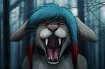 blue_hair bodily_fluids fangs forest forest_background fur grey_body grey_fur hair highlights_(coloring) looking_at_viewer mouth_shot nature nature_background open_mouth plant red_eyes solo teeth tongue tree whiskers lemondeer kirei felid feline mammal digital_media_(artwork)