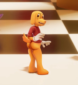 anthro big_butt bottomless butt clothed clothing fur gloves handwear looking_back male red_clothing red_shirt red_topwear shirt shirt_only solo t-shirt tail topwear topwear_only yellow_body yellow_fur junofreakyowl glitch_productions the_amazing_digital_circus scratch_(tadc) bird_dog canid canine canis domestic_dog golden_retriever hunting_dog mammal retriever 2026 3d_(artwork) absurd_res digital_media_(artwork) hi_res