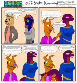 anthro bottomwear clothing denim denim_bottomwear denim_clothing dialogue earpiece_microphone group jacket jeans keikogi long_sleeve_shirt martial_arts_uniform necktie pants simple_background sportswear text topwear worldbuilding baristagamerproductions ada_(gem_hunters) alfonso_(gem_hunters) background_character phoebe_(gem_hunters) canid canine canis dingo felid feline lagomorph leporid mammal rabbit reptile scalie snake absurd_res comic english_text hi_res