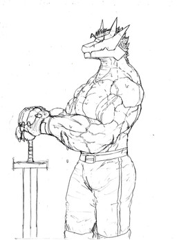 5_fingers anthro belt_buckle biceps big_muscles biped bodily_fluids bottomwear buckle claws clothed clothed_anthro clothed_male clothing finger_claws fingerless_gloves fingers gloves hair handwear holding_melee_weapon holding_object holding_sword holding_weapon looking_at_viewer male melee_weapon mouth_closed muscular muscular_anthro muscular_male shorts shorts_only side_view simple_background snout solo sweat sweaty_arms sweaty_chest sweaty_neck sword three-quarter_view topless topless_anthro topless_male vein veiny_muscles weapon white_background gingatetsudou21 mythology dragon mythological_creature mythological_scalie scalie wingless_dragon 2025 graphite_(artwork) greyscale hi_res monochrome traditional_media_(artwork)