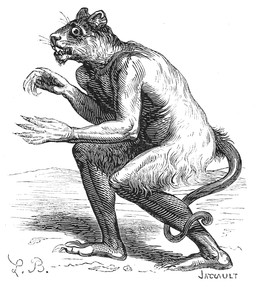 anthro claws crouching fangs fur looking_at_viewer male nude open_mouth plantigrade solo teeth whiskers louis_le_breton dictionnaire_infernal mythology flauros_(mythology) demon felid leopard mammal pantherine 1863 19th_century ancient_art black_and_white hi_res monochrome signature