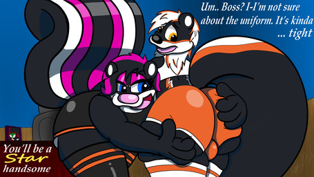 anthro big_butt big_tail bottomwear bulge bulge_from_behind butt butt_focus butt_grab clothing crop_top duo eyelashes eyeshadow femboy femboy/femboy hand_on_butt hesitant hotpants legwear looking_back makeup male male/male presenting presenting_hindquarters shirt shorts stockings tail topwear samylestinker toro samy_(samylestinker) mammal mephitid skunk hi_res