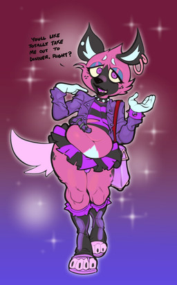 anthro belly black_lipstick bottomwear bulge chubby_girly clothed clothing collar crossdressing ear_piercing ear_ring eyeshadow femboy fur jacket leather leather_clothing leather_jacket leather_topwear lipstick looking_at_viewer makeup male microskirt miniskirt navel piercing pink_body pink_eyes pink_fur purse ring_piercing shirt skirt slightly_chubby slightly_chubby_anthro slightly_chubby_male solo sparkles sparkling_character spiked_collar spikes tail tail_under_skirt tank_top text topwear submarine_screw aggretsuko sanrio haida_(aggretsuko) hyena mammal spotted_hyena 2021 english_text hi_res
