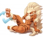 3_toes 4_fingers anthro arm_support blush brown_body brown_fur chest_tuft disembodied_hand duo feet fingers fur hindpaw inner_ear_fluff male nude orange_body orange_fur paws pokemorph pubes raised_tail red_eyes simple_background sitting solo_focus stripes tail tickling toes tuft white_background biri riot41 nintendo pokemon arcanine canid canine generation_1_pokemon mammal pokemon_(species)