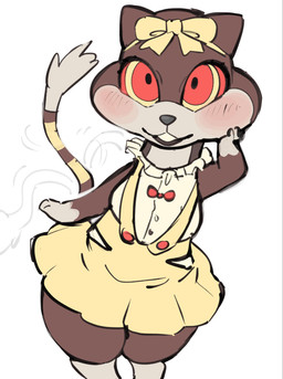 anthro black_nose blush blush_lines breasts brown_body brown_ears brown_fur brown_tail clothing dipstick_tail dress eyelashes female fur looking_at_viewer markings red_eyes simple_background solo striped_markings striped_tail stripes tail tail_markings tail_motion tailwag white_background white_tail_tip yellow_body yellow_clothing yellow_dress yellow_fur yellow_ribbon yellow_tail oposa nintendo pokemon generation_5_pokemon pokemon_(species) watchog hi_res sketch