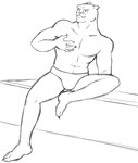 anthro barefoot bench briefs clothed clothing feet male muscular muscular_anthro muscular_male simple_background sitting solo teeth_showing topless underwear white_background thegreatmatsutzu flash_gordon_(copyright) flash_gordon kobalt felid feline mammal monochrome sketch